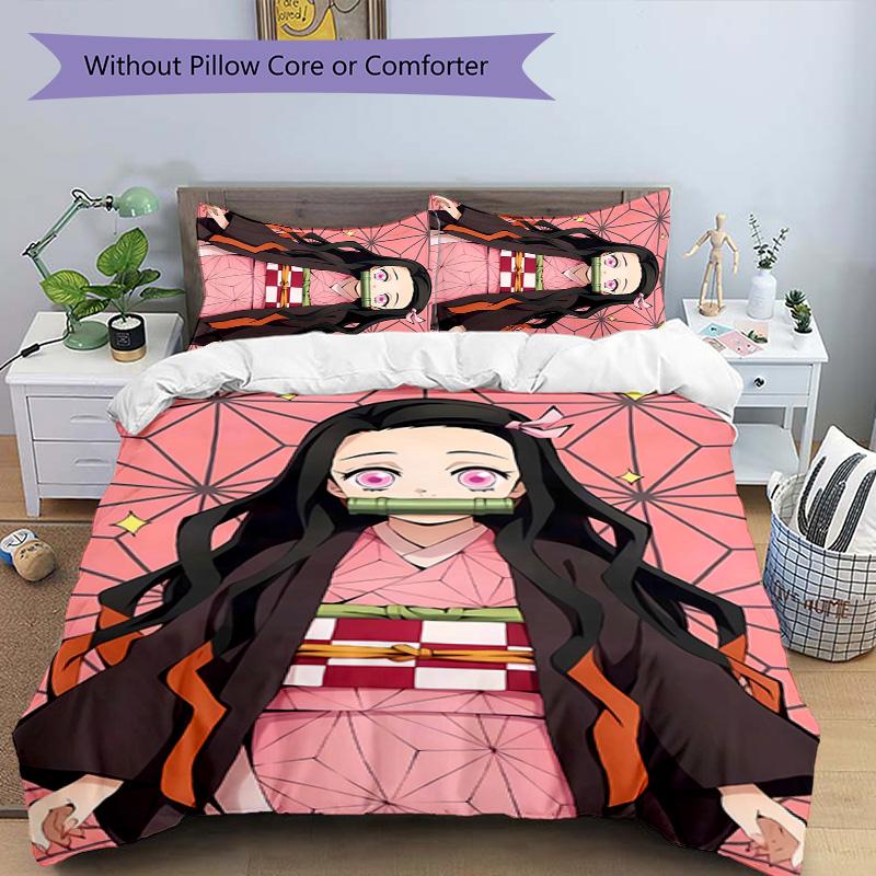 3pcs Demon Slayer Nezuko Pattern Bedding Set Duvet Cover Set Includes Duvet Cover &pillowcases, Perfect All Season Bedroom Decoration & Gift