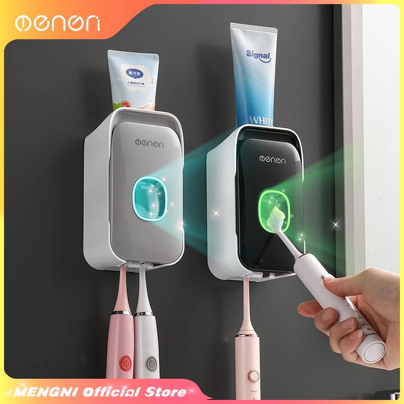 Premium MENGNI Automatic Toothpaste Dispenser Wall-Mounted Bathroom Toothpaste Squeezer Punch-Free Toothbrush Holder Rack Bathroom Acces