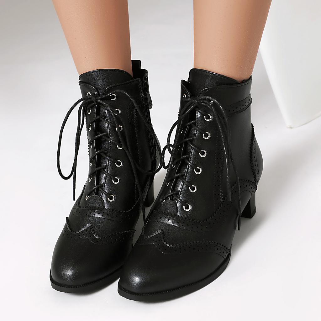 Black White Winter Ankle Boots for Women Med Heels Shoes 2025 Laciness Holes Decor Footwear