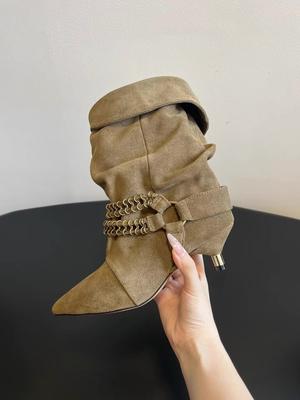 Botas cortas de ante de alta calidad para mujer, botines de tacón alto puntiagudos, de otoño e invierno.