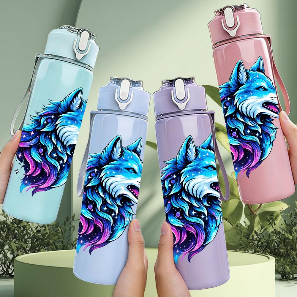 1PC Blue Purple Wolf Fantasy Animal Print 750ml Color Plastic Sports Water Bottle Leakproof Flip Straw Lid Suitable for Sports Office Home Use