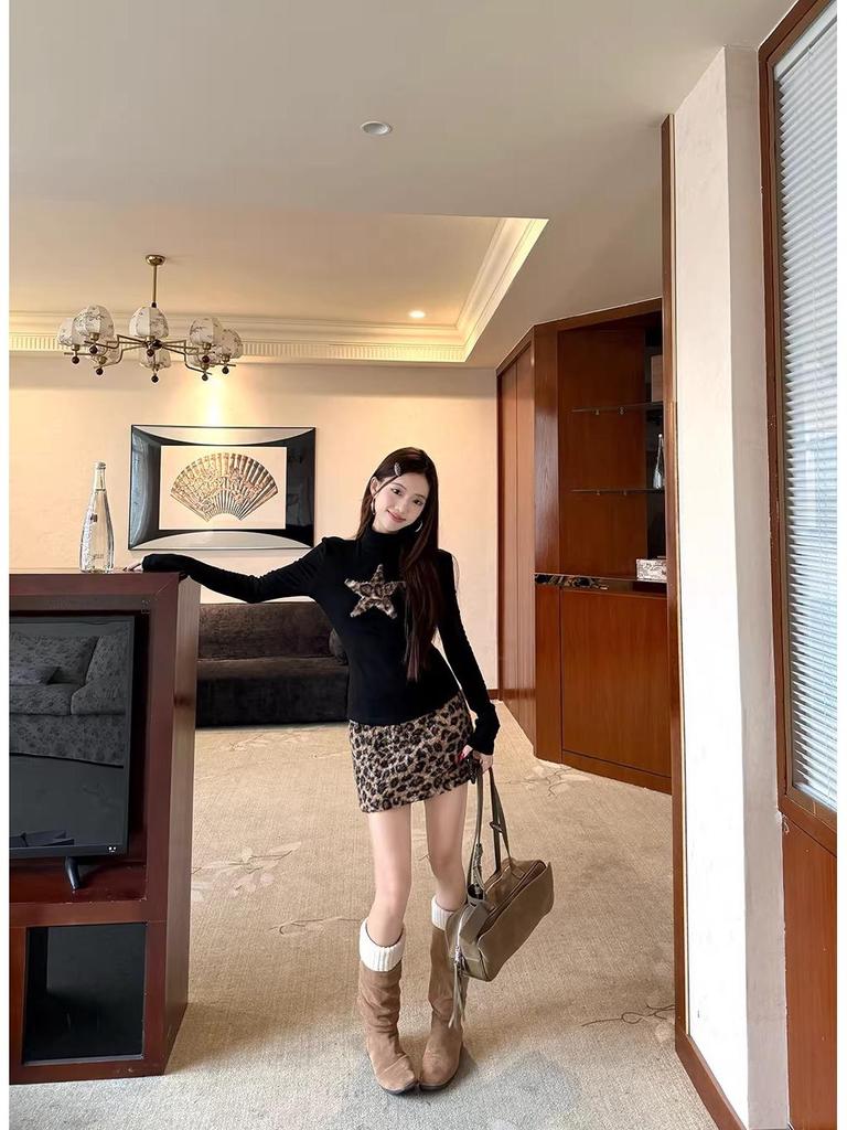 Women's Slim Fit Leopard Print Wool A-line Skirt - New Winter 2025 Style with Elastic Waist