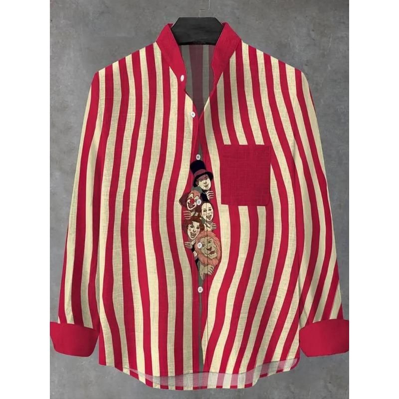 New Men's Style Long Sleeved Linen Shirt 3D Printed Striped Casual Street Fashion Long Sleeved Shirt Top
