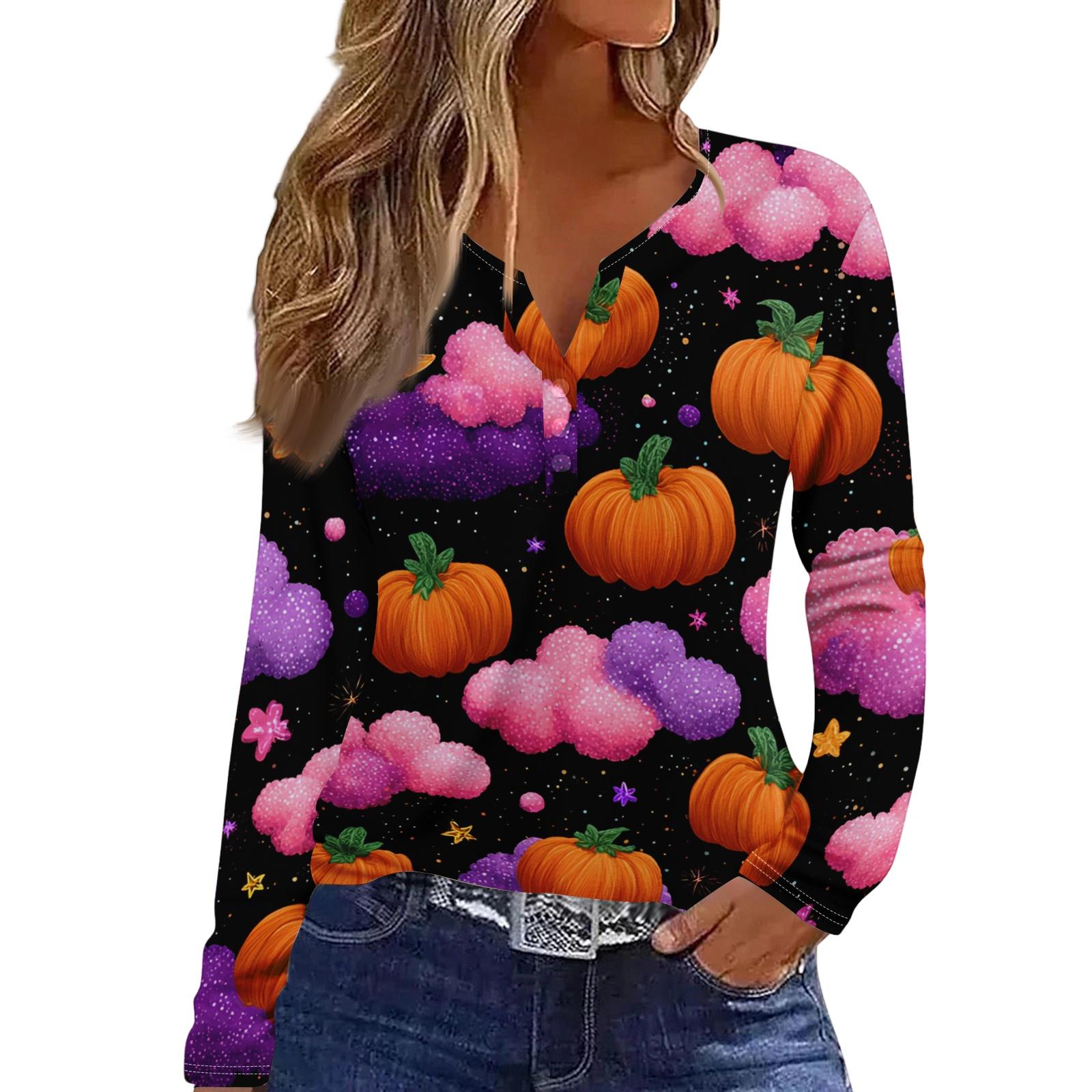 Women s Casual Long Sleeve V-Neck Halloween Print T-Shirt with Decorative Buttons L