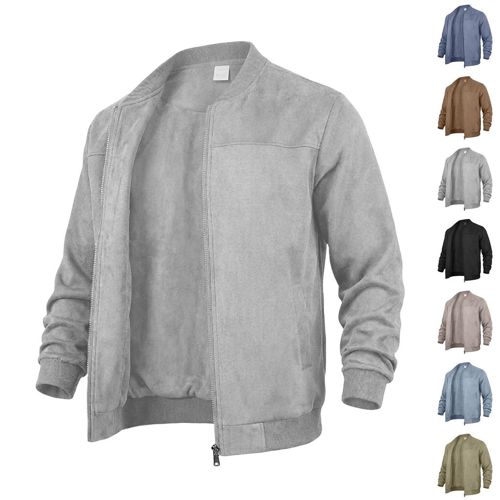 Men's Casual Long Sleeve Zip Up Baseball Jacket with Stand Collar and Pockets