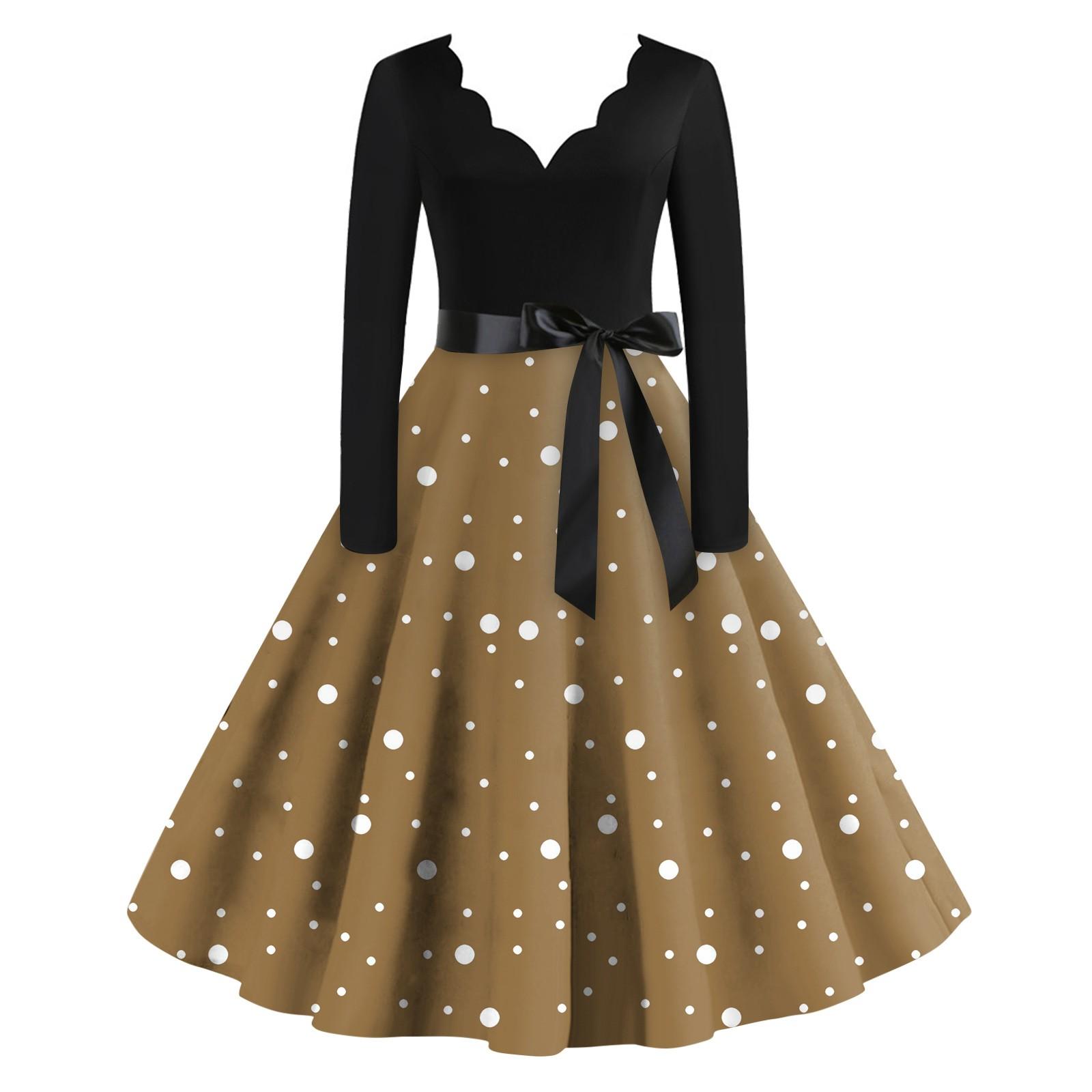 Женское повседневное модное платье с V-образным вырезом и длинными рукавами в стиле ретро — фото 5