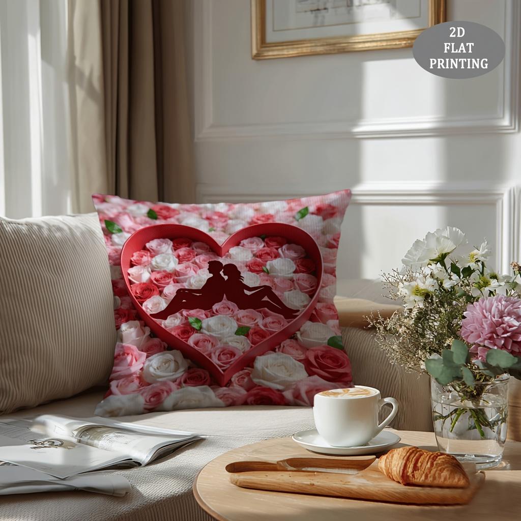 1pc Red Heart-Shaped Petal Pattern Plush Throw Pillow Cover | 2D Flat Printing, Single-Sided, 18x18 inch, Suitable for Sofa and Living Room Decor