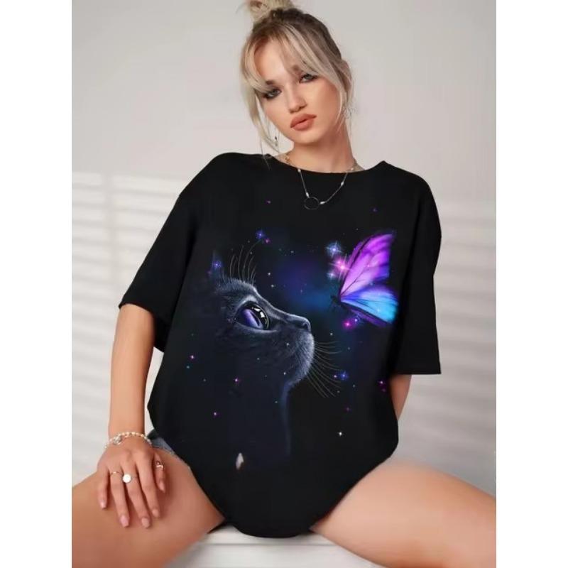 Женская 3D красочная графическая печать кота женская футболка с круглым вырезом Harajuku — фото 3