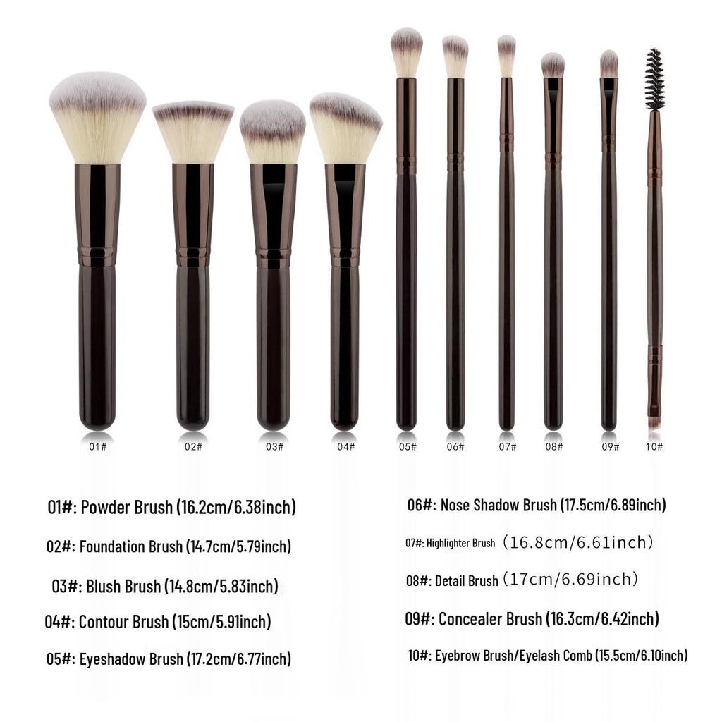 10-Piece Makeup Brush Set with Flat Foundation, Powder, Contour, and Eyeshadow Brushes.
