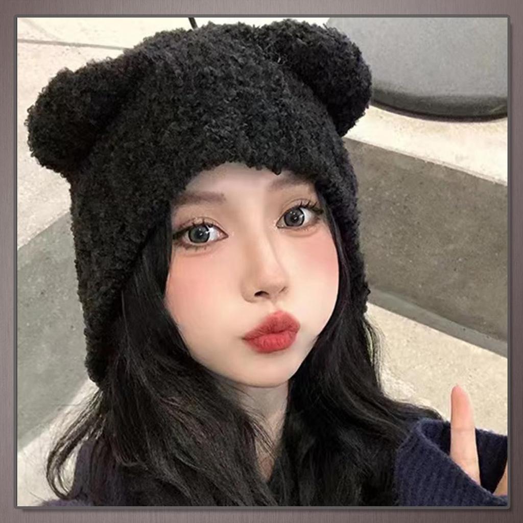 Knitted Hat with Bear Animal CP971 [One Limitation] Ears, Casual, Costume, Print, Fluffy, Fashionable, Women's (Black)