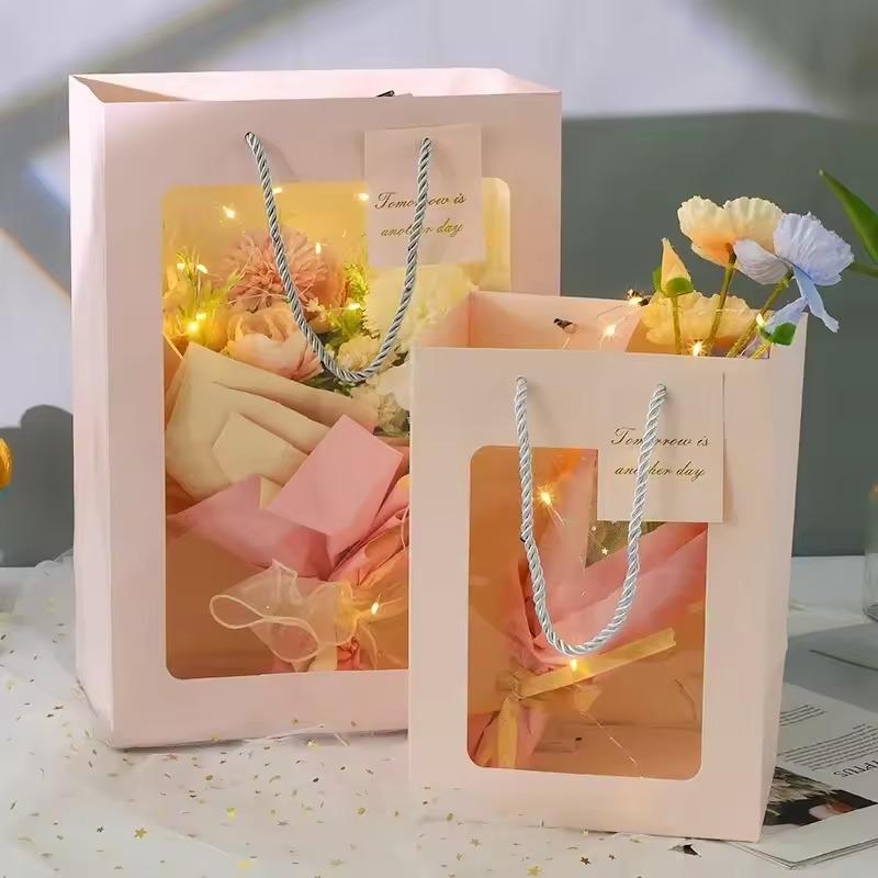 Transparent Window Gift Packing Bag with Handles Portable Flower Bag Birthday Party Wedding Christmas Valentine's Day Gift Bag