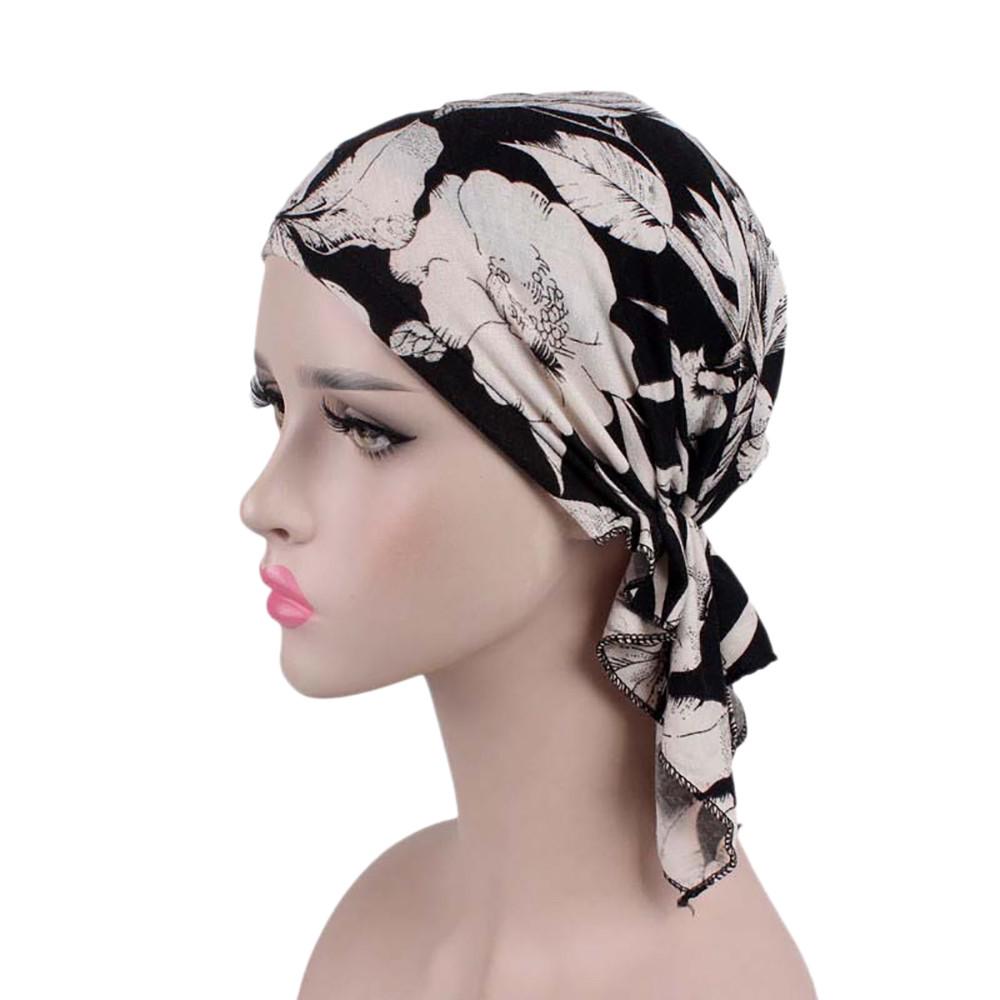 Kvinner India Muslim Elastisk Turban Print Cotton Hat Head Scarf Wrap