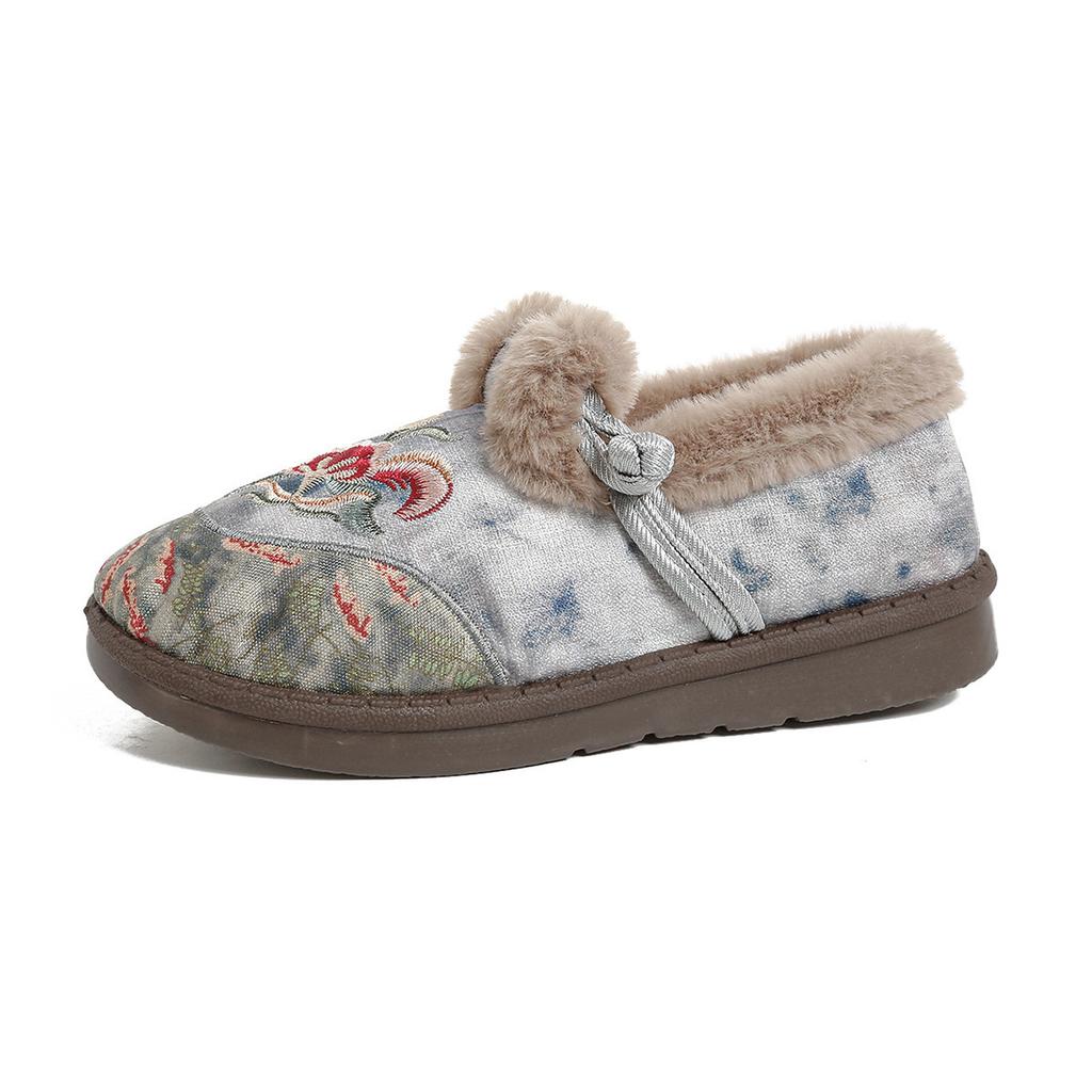 Flower Embroidery Hairy Edge Women's Cotton Shoes Winter Lock Temperature Inside Old Beijing Cloth Shoes Ethnic Style Winter Shoes Batch Supply