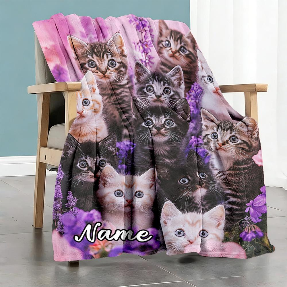 Cat Purple Flowers Customize Your Name Blanket Cozy Customizable Blanket Soft Warm Cozy Suitable for Livingroom Bedding Nap Bed for All Occasions