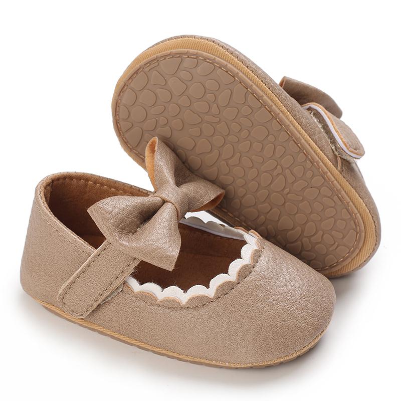 Khaki 0-18M Baby Casual Shoes Infant Toddler Bowknot Non-slip Rubber Soft-Sole Flat PU First Walker Newborn Bow Decor Mary Janes