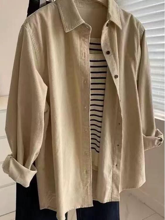 Women's Corduroy Shirt: Autumn/Winter Korean Style Long Sleeve Lapel Cardigan Top