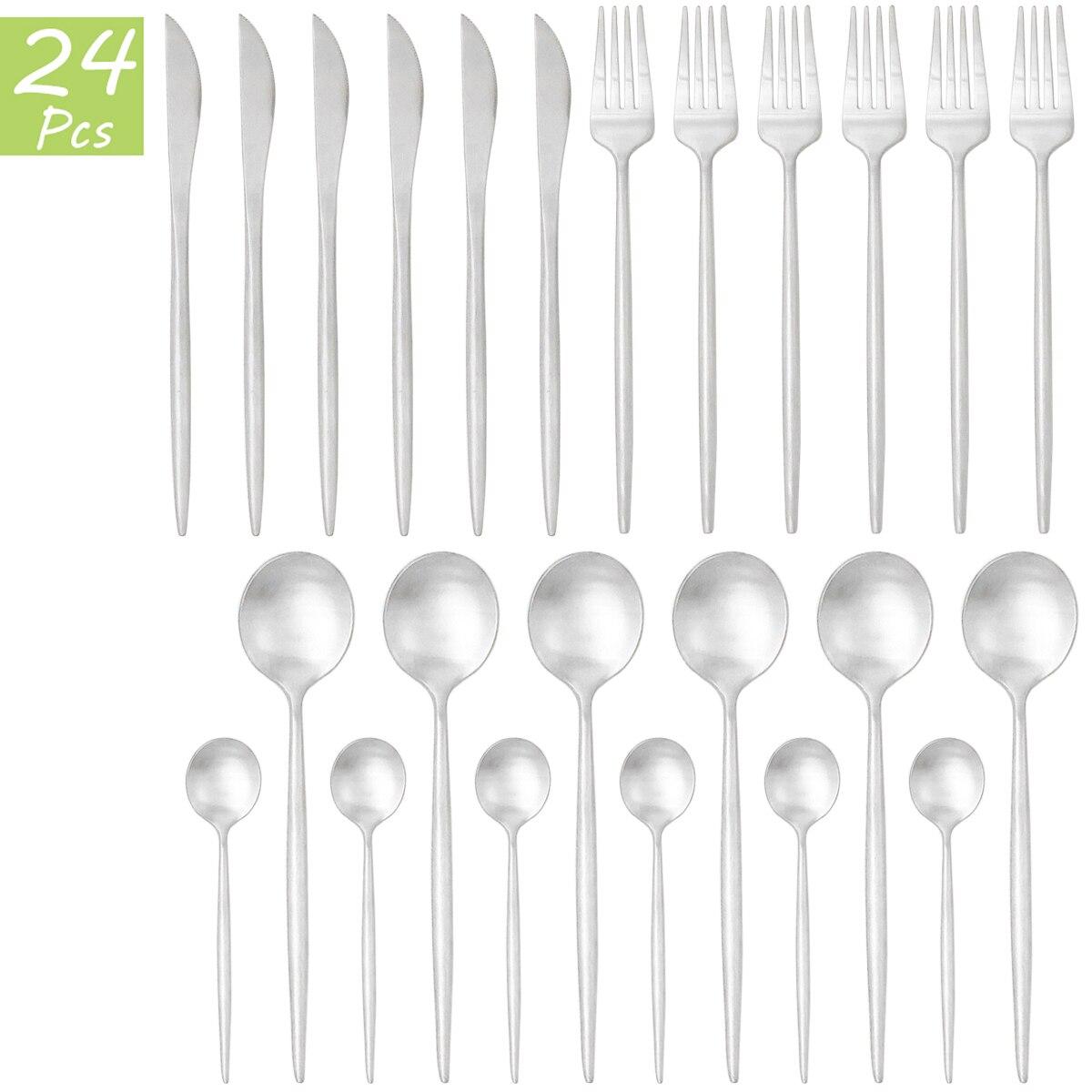 

Матовый набор столовых приборов, 24 шт., красочная посуда из нержавеющей стали 18/10, ножи, вилка для салата, чайные ложки, столовая посуда, кухонный набор столового серебра серебряный