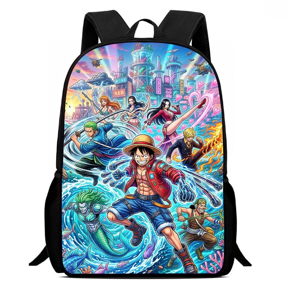 15 Inch Cartoon One Piece Mochila Backpack, Light Weight Unisex School Backpack for Boys Girls Age 6-10 Casual Travel Daypack