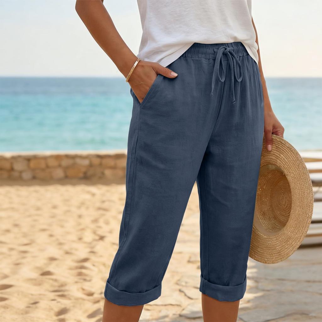 Women Drawstring Waist Linen Capri Pants with Pockets Loose Fit Lightweight Cropped Trousers for Casual Daily Wear