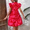 Summer Women Loose V-neck Print Dress Flounce Sleeves