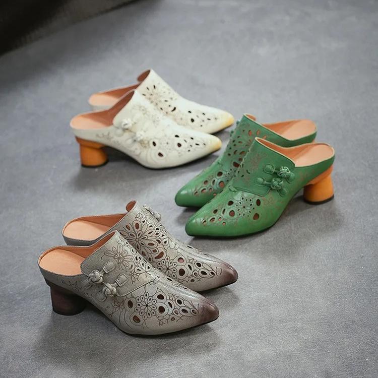 Johnature Genuine Leather Retro Ethnic Style High Heels Pointed Toe Slippers Versatile Women's Shoes