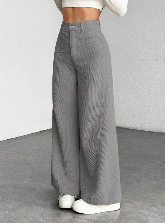 Women High Waist Corduroy Wide Leg Pants Solid Color Loose Fit Casual Long Trousers For Autumn