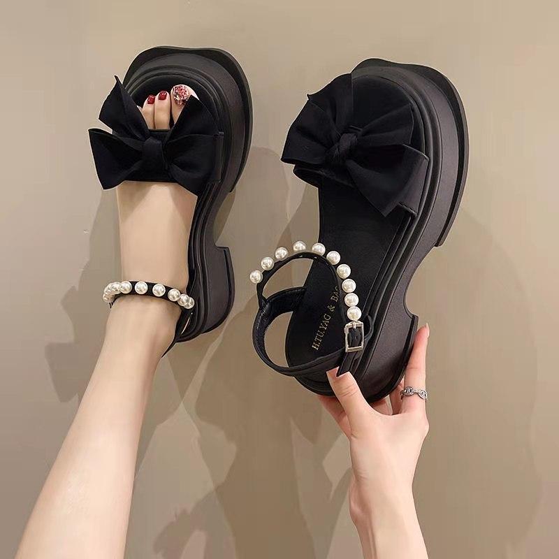

Summer bow pearl buckle online sandals with skirt high heel sandals 35 чёрный