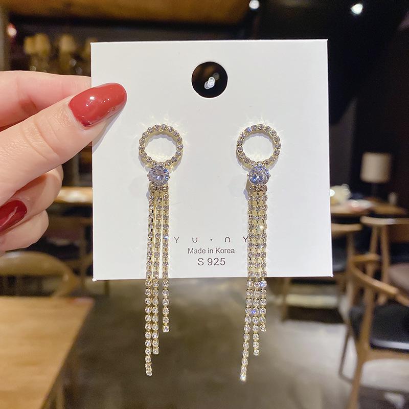 S925 Silver Needle Korean Fashion Diamond Tassel Earrings for Women