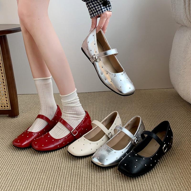 New Square Toe Red Rivet Mary Jane Shoes Women Elegant Spring Autumn Flats Shoes Ladies Shallow Casual Black Loafers Footwear
