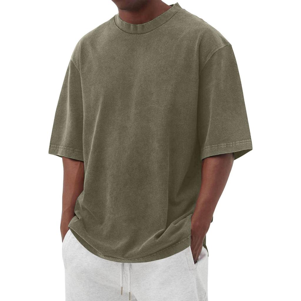 T-shirt Homme Manches Courtes Col Rond Coton Coupe Ample Vintage Lavé Classique Style Décontracté Haut