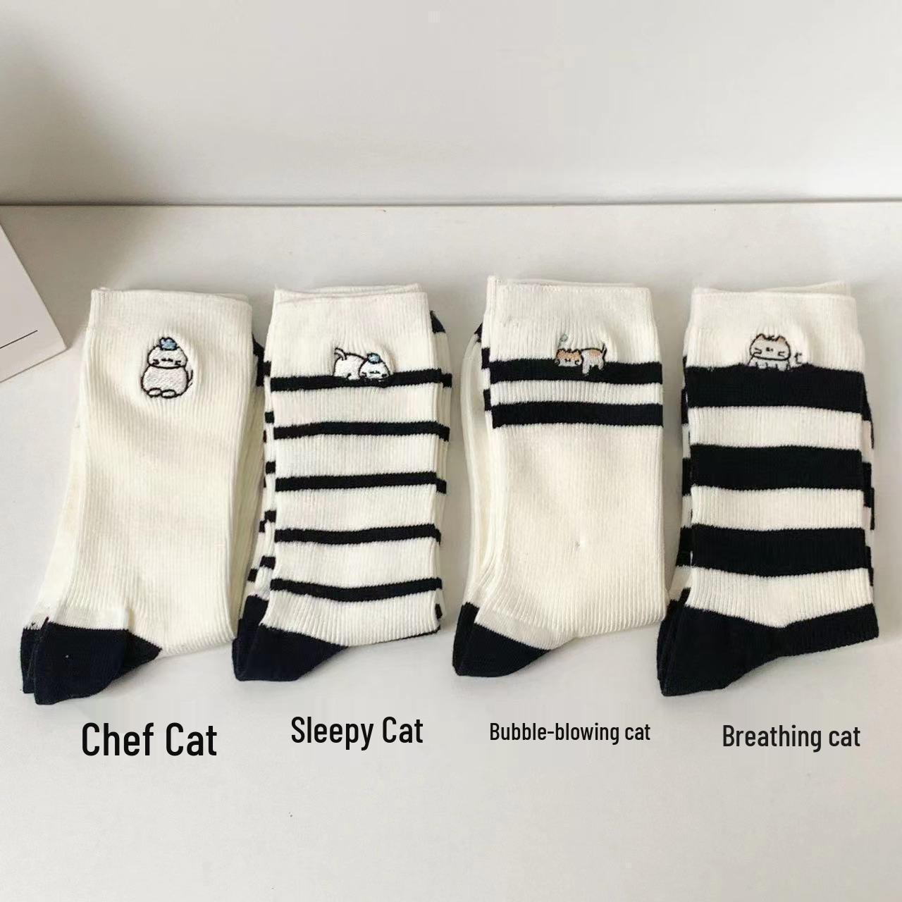 

Корейские милые мультяшные носки до середины икры в полоску - черно-белые One Size