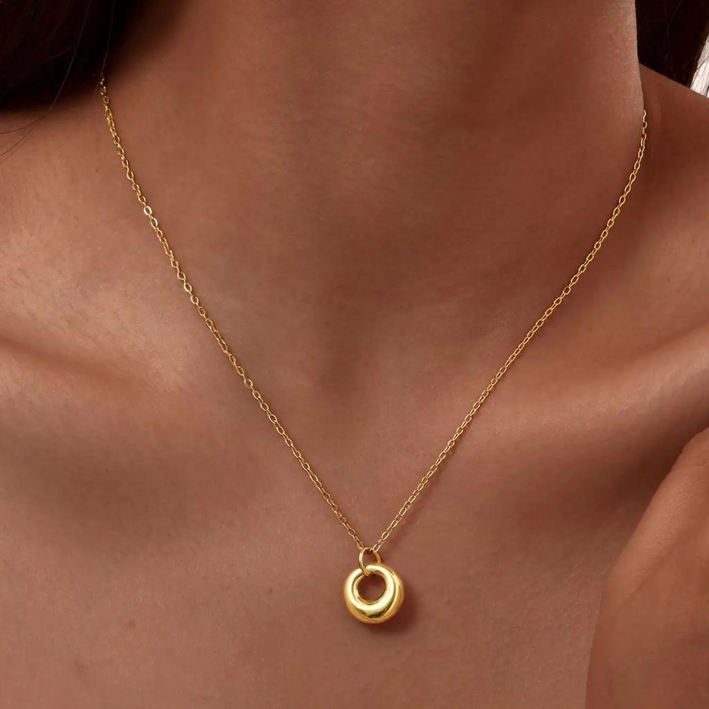 Geometric Ring Pendant Necklaces for Women,Gold Color Stainless Steel Necklace,Trendy Waterproof Jewelry Gift