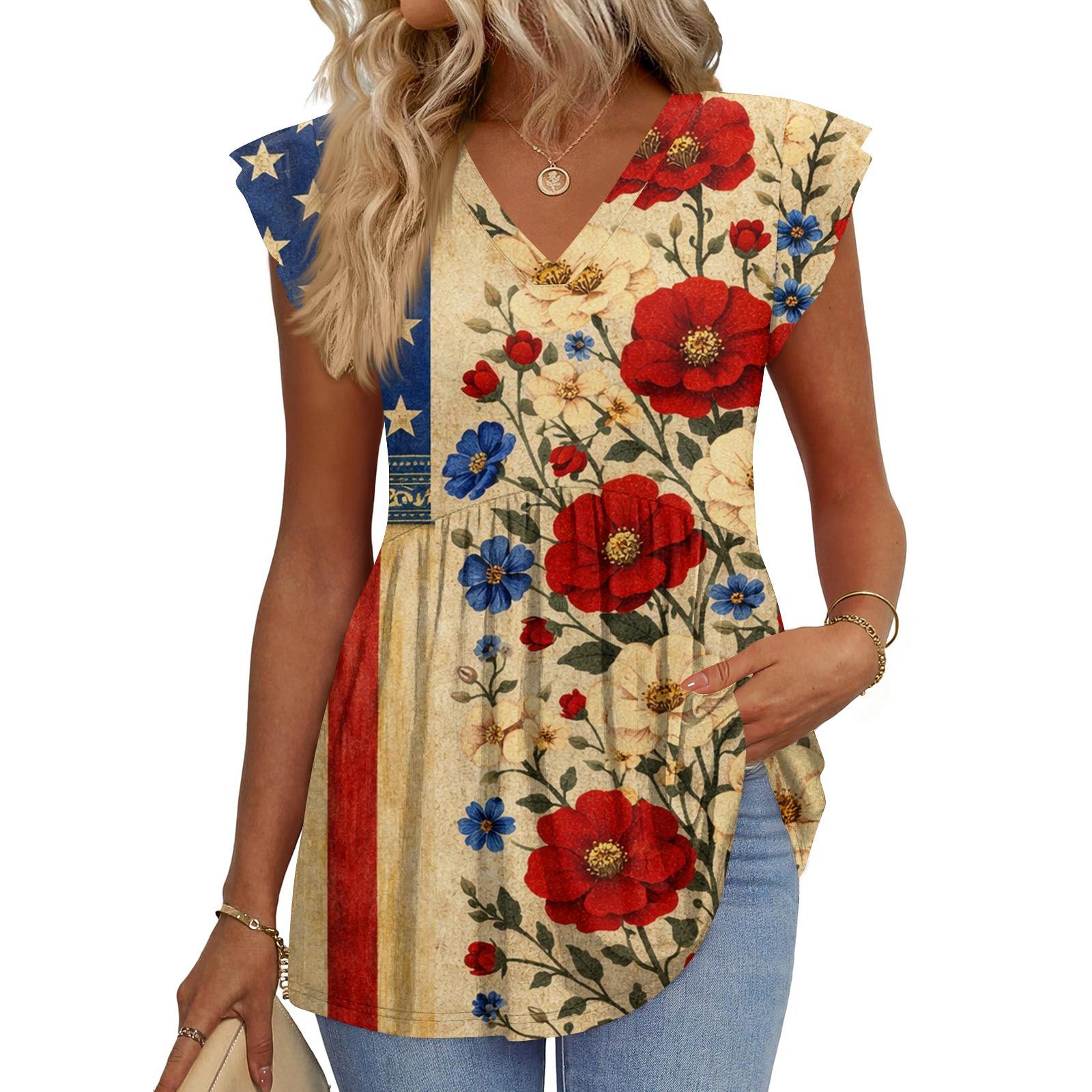 

Womens Tops Fashionable V-neck Ruffled Sleeve Short-sleeved T-shirt Business Blouses XL