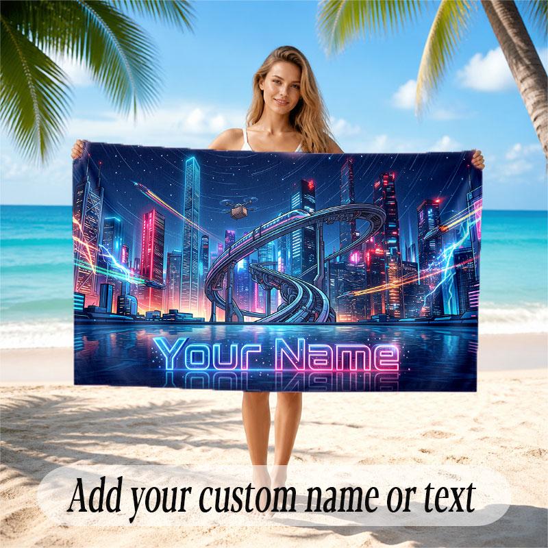 City Cyberpunk Theme Soft Beach Towel Personalized Custom Name Text Towel Portable for Beach Pool Travel