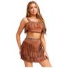 Womens Tribal Princess Set Off Shoulder Crop Top Mini Skirt Vintage Pattern Trim Tiered Tassel Faux Suede Costume