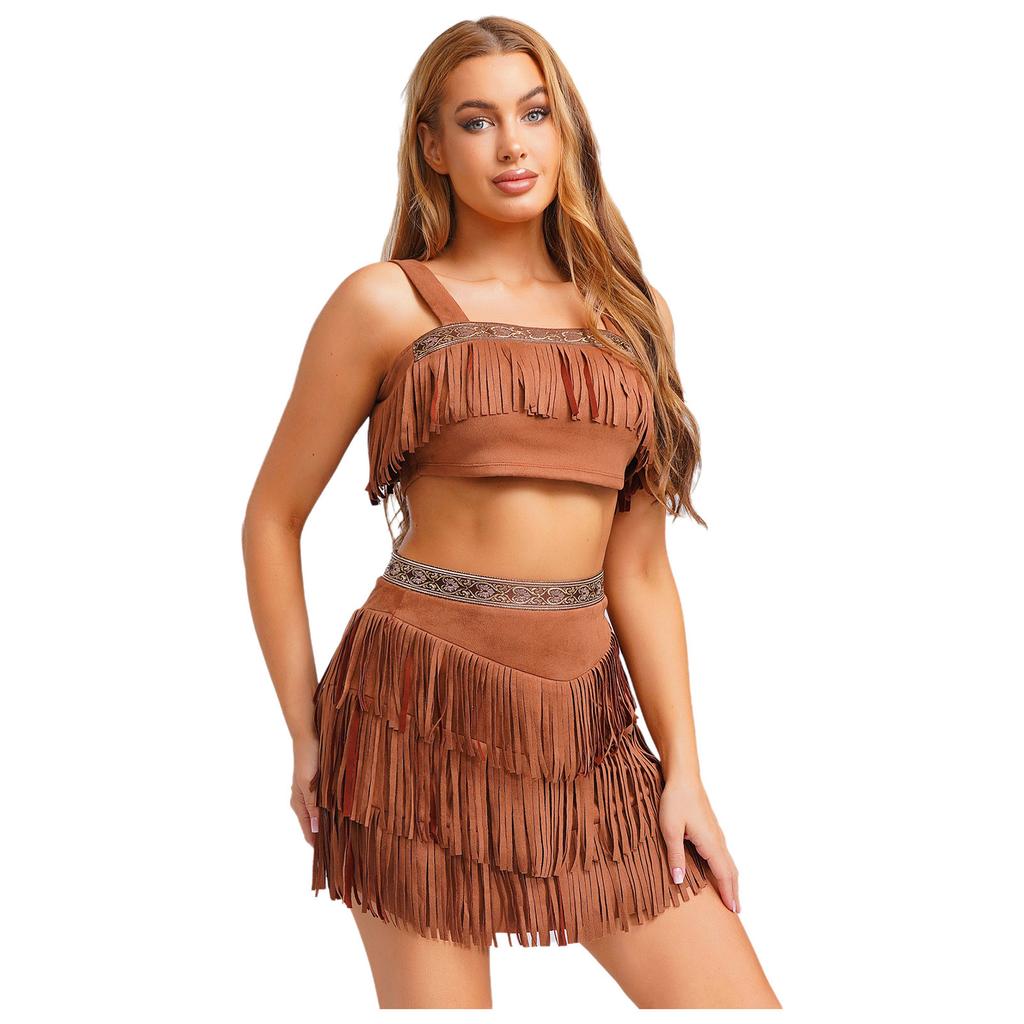 Womens Tribal Princess Set Off Shoulder Crop Top Mini Skirt Vintage Pattern Trim Tiered Tassel Faux Suede Costume