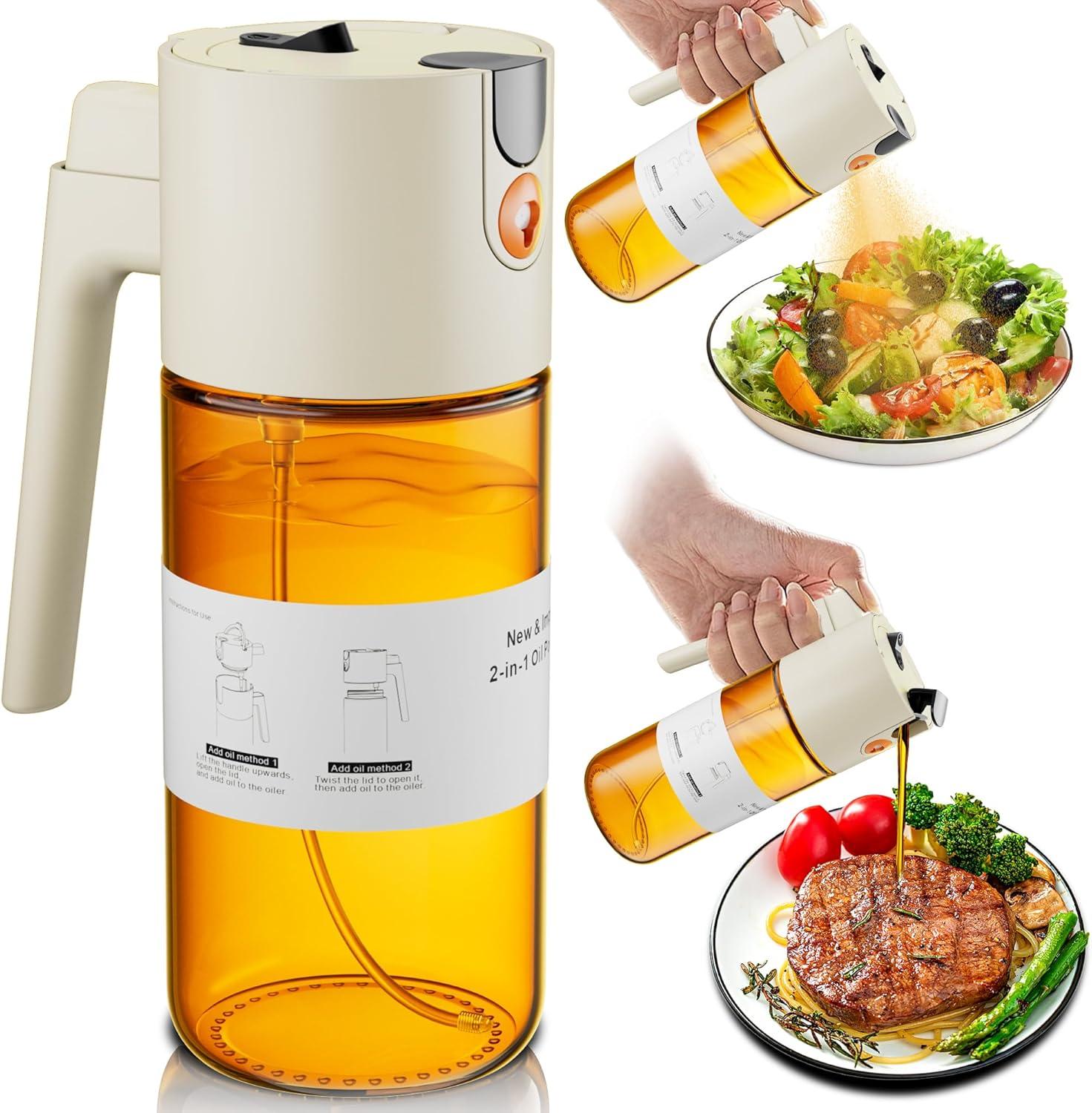 

A food oil injector and 2-in-1 cooking spray bottle for olive oil, vinegar, and soy sauce, featuring a 17-ounce light-blocking glass spray bottle