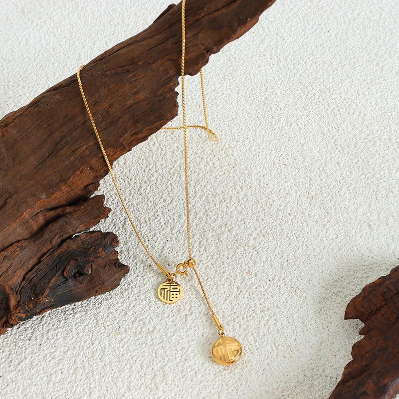 Stainless Steel Chain Necklace For Women 18k Gold Plated Non Tarnish Adjustable Women's Necklaces With Chinese Character Pendant