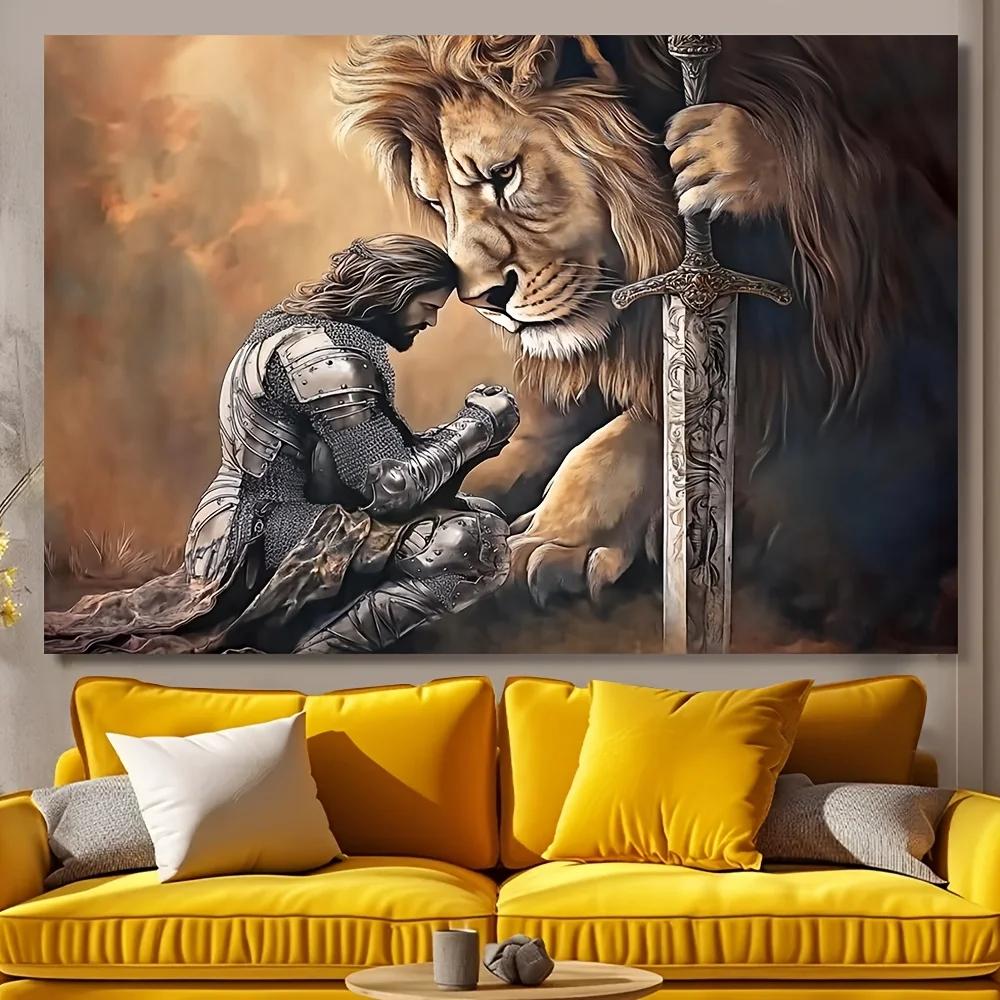 

VIKAMA Knight and Lion Tapestry Vintage Fantasy Warrior Background Cloth Mysterious Power Wind Living Room Decoration 74x94cm(29x37in)