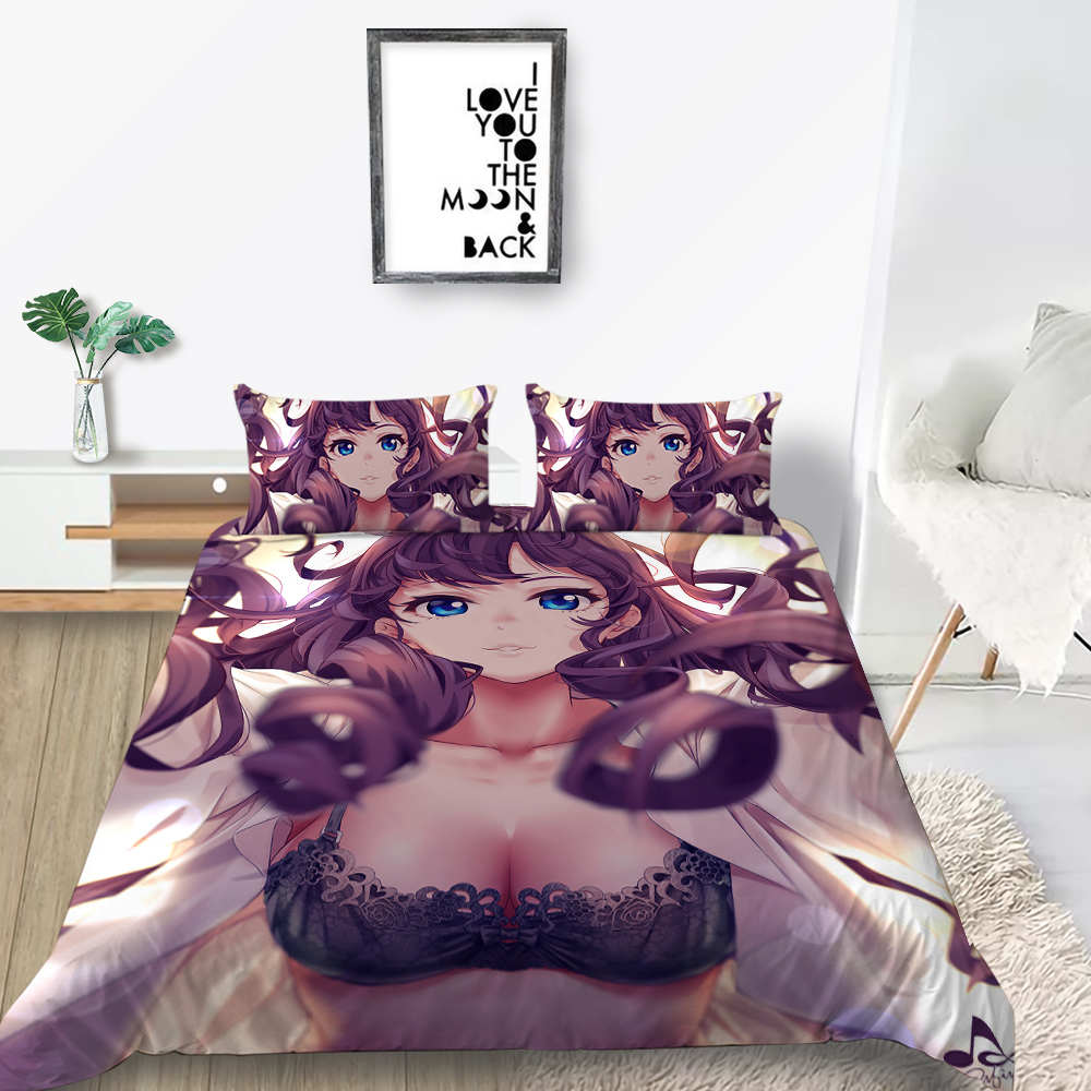 3D Animation Bishōjo Bedding Set, Curtilage Male Room Duvet Cover 2/3 Pieces, Anime Beautiful Woman DE135 * 200 Full Size Soft Home Decoration