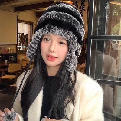 Neue Rex-Kaninchenfell Ohrenschützer Hut Damen Verdickt Warm Lei Feng Hut Koreanische Version Kaninchenfell Hut Strickmütze Fell Vielseitiger Hut