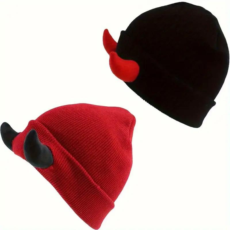 Winter Warm Knitted Beanie Hat Soft Stretchy Demon Horn Skull Design for Men and Women Outdoor Streetwear Funny Fashion Headwear