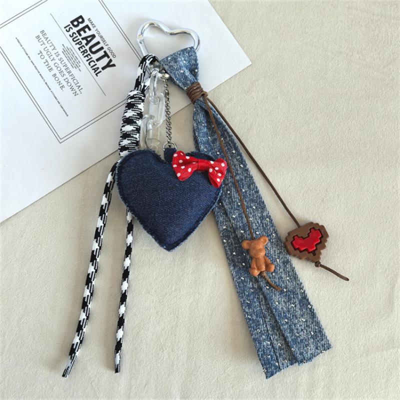 Portachiavi Pendente Laccio Intrecciato a Forma di Cuore Stella a Cinque Punte Stile Denim Creativo Trendy e Cool Pendente per Borsa Stile Ins