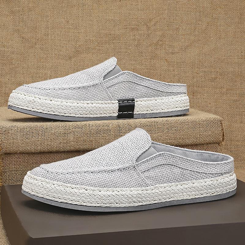 Fashion Men Casual Shoes Slip on Lightweight Loafers Half Slippers Men Sandals Breathable Canvas Fisherman Linen Cloth Loafers Summer