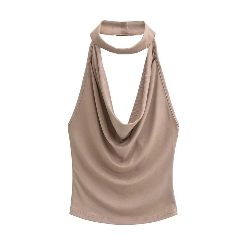 

Топ с V-образным вырезом, бретелью-халтер, открытой спиной, воротником-халтер, без спины, плиссированный на бретелях Khaki S