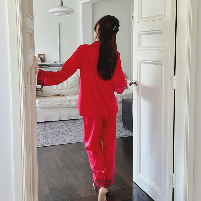 Spring and Summertime Pajamas for Women Ice Silk Red Heart-shaped Lapel Long-sleeved Casual Simple Satin Pajamas Set