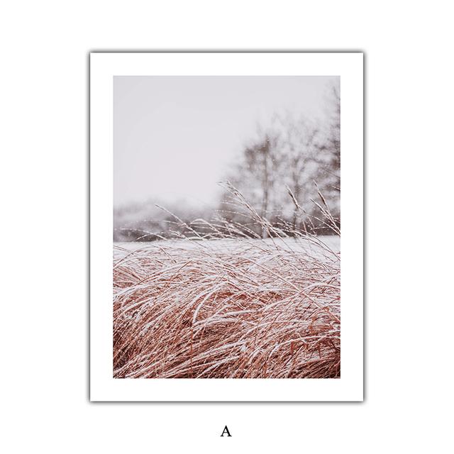 

Осенне-зимний постер со снежной сценой, тростниковые полевые цветы, живопись, принты из сосны, постеры с сеном, скандинавский холст, художественные фотографии, украшение 21*30cm