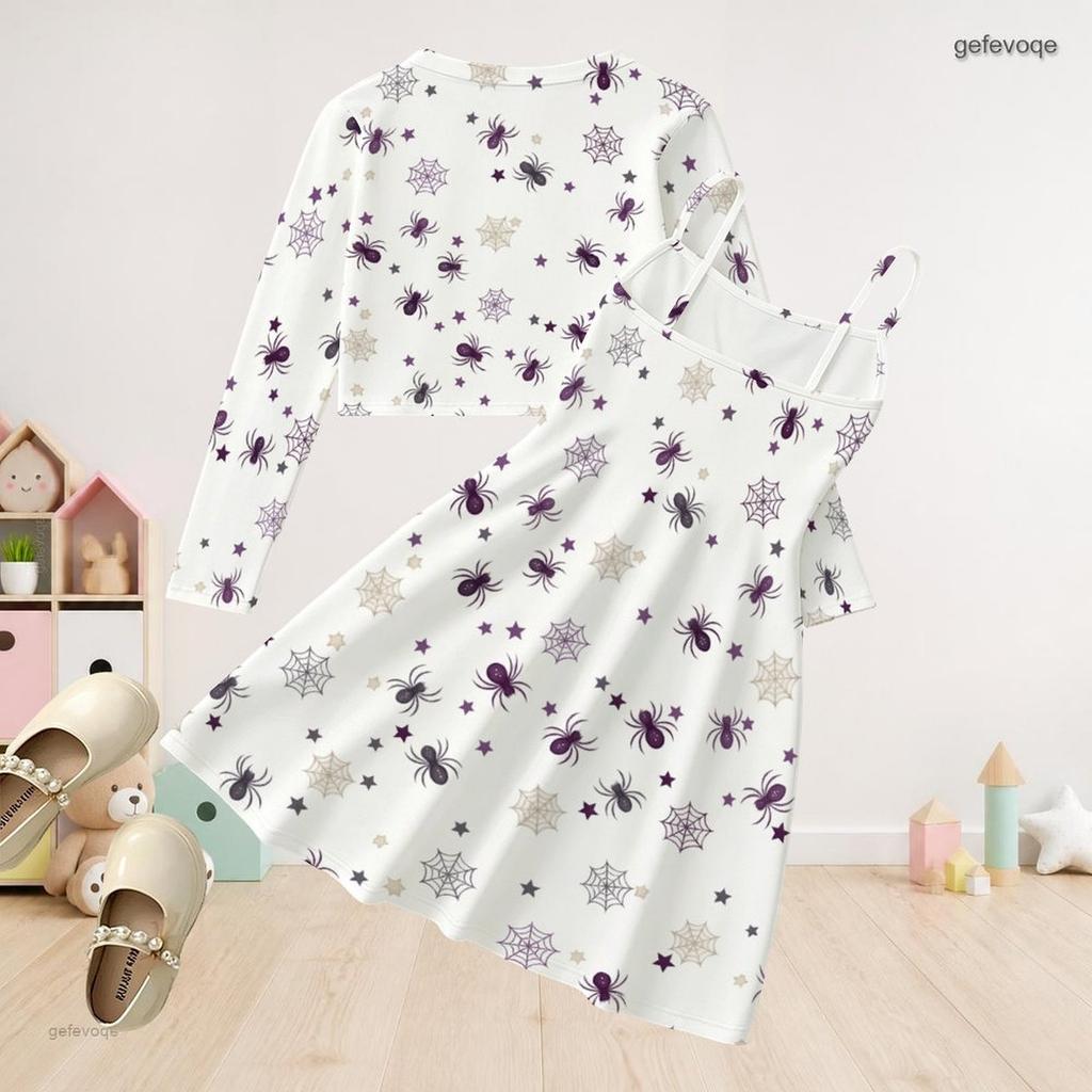 Girls White Halloween Two Piece Outfit Long Sleeve Cardigan Sleeveless Dress Pumpkin Bat Bow Print