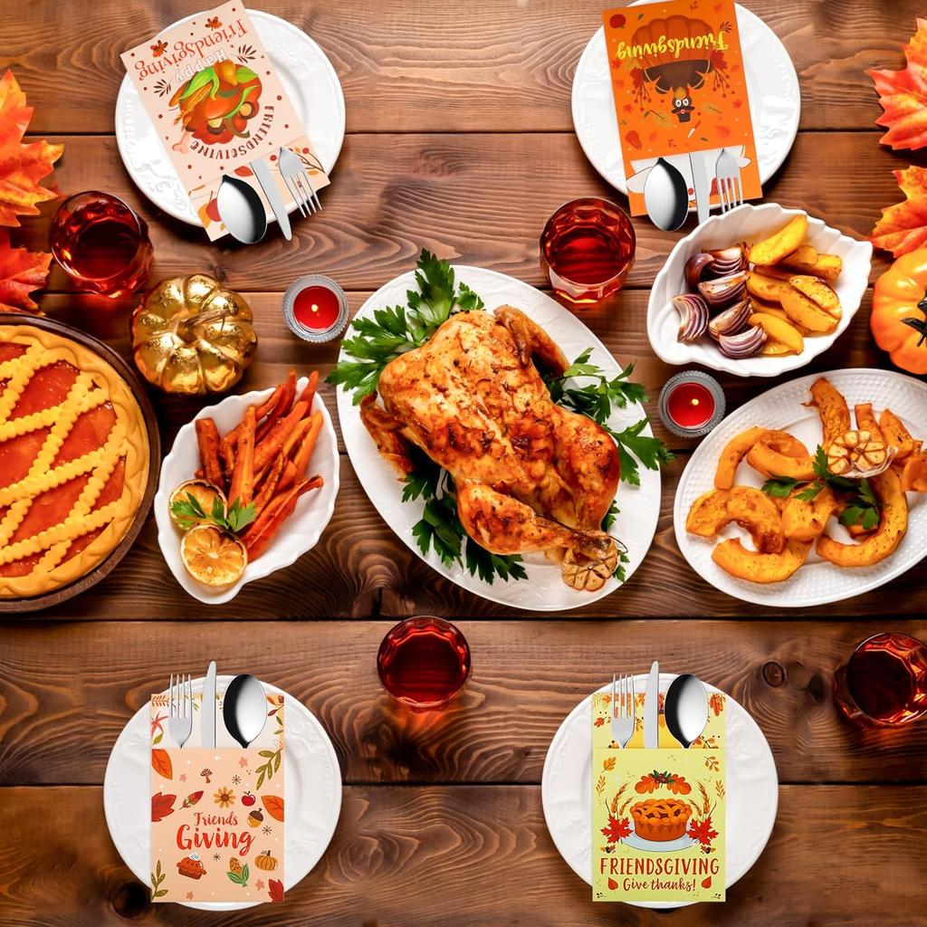 24 Pcs Friendsgiving Decorations Cutlery Holder Set, Thanksgiving Utensil Holder Pockets Table Decor for Friendsgiving Fall Autumn Harvest Party