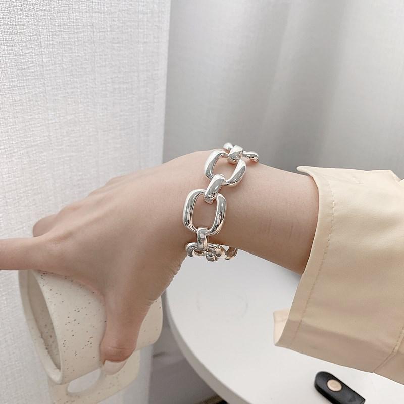 Korean S925 Sterling Silver Geometric Cutout Bracelet - Women's Retro Hong Kong Style Trendy Bangle